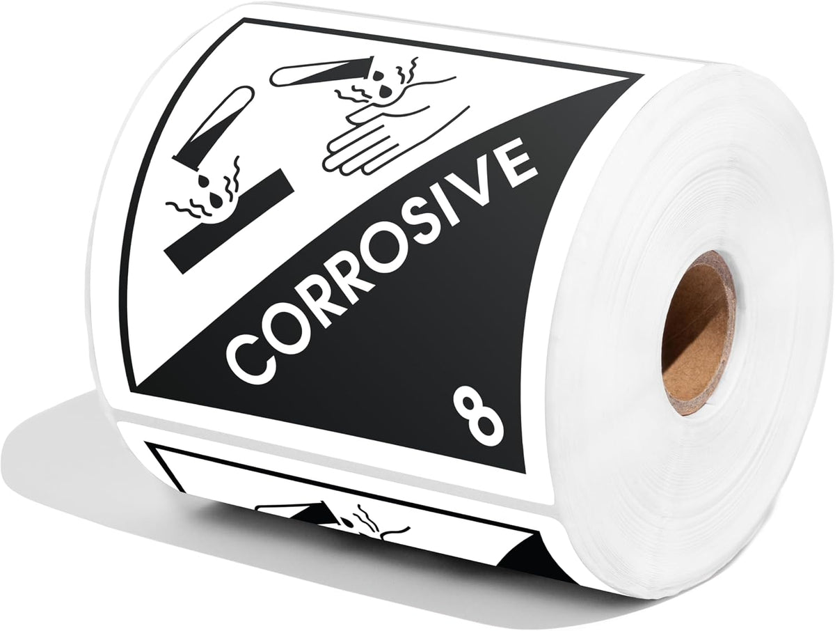 4" X 4" Hazard Class 8 Corrosive Warning Labels (500 Stickers, 1 Roll)