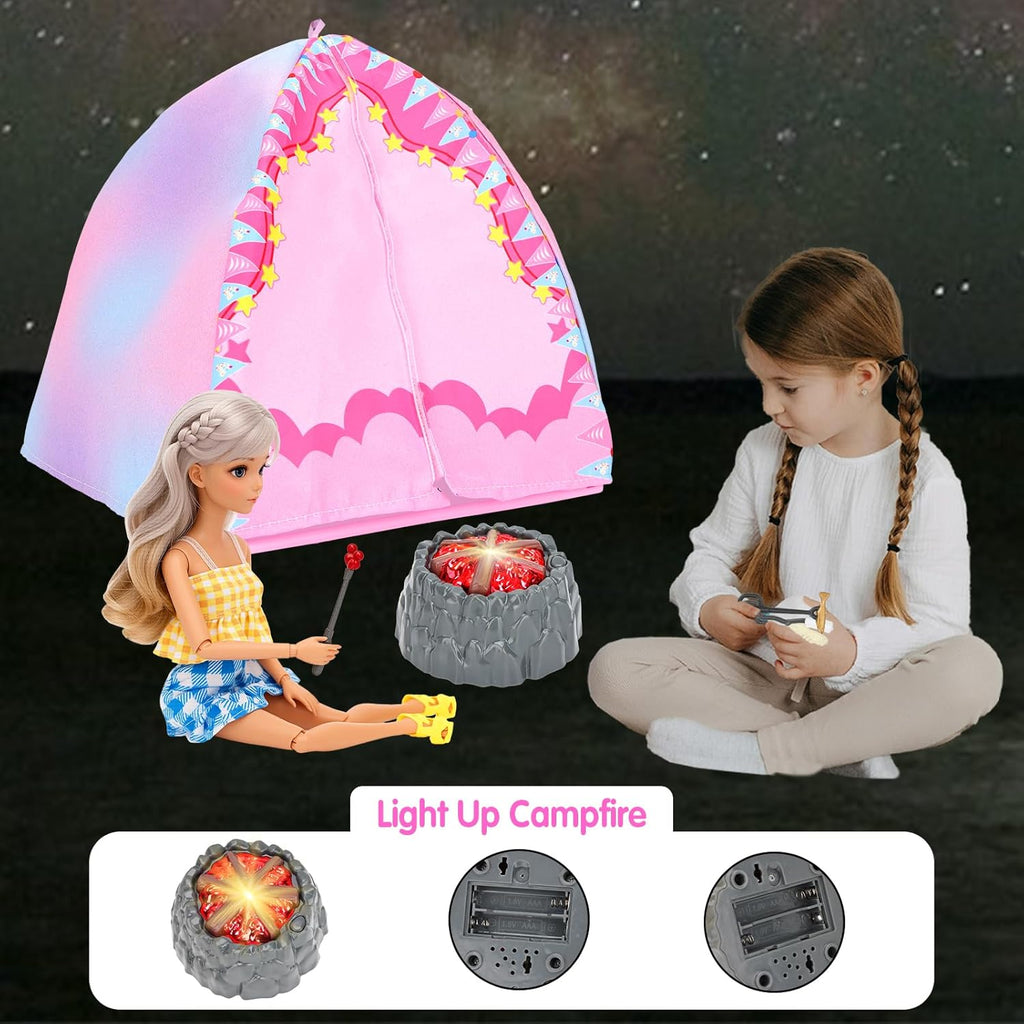35PCS Doll Camping Playset for 11.5" Girl Dolls - STEM Tent with Backpack, BBQ Grill & Stargazing Tools Pretend Play