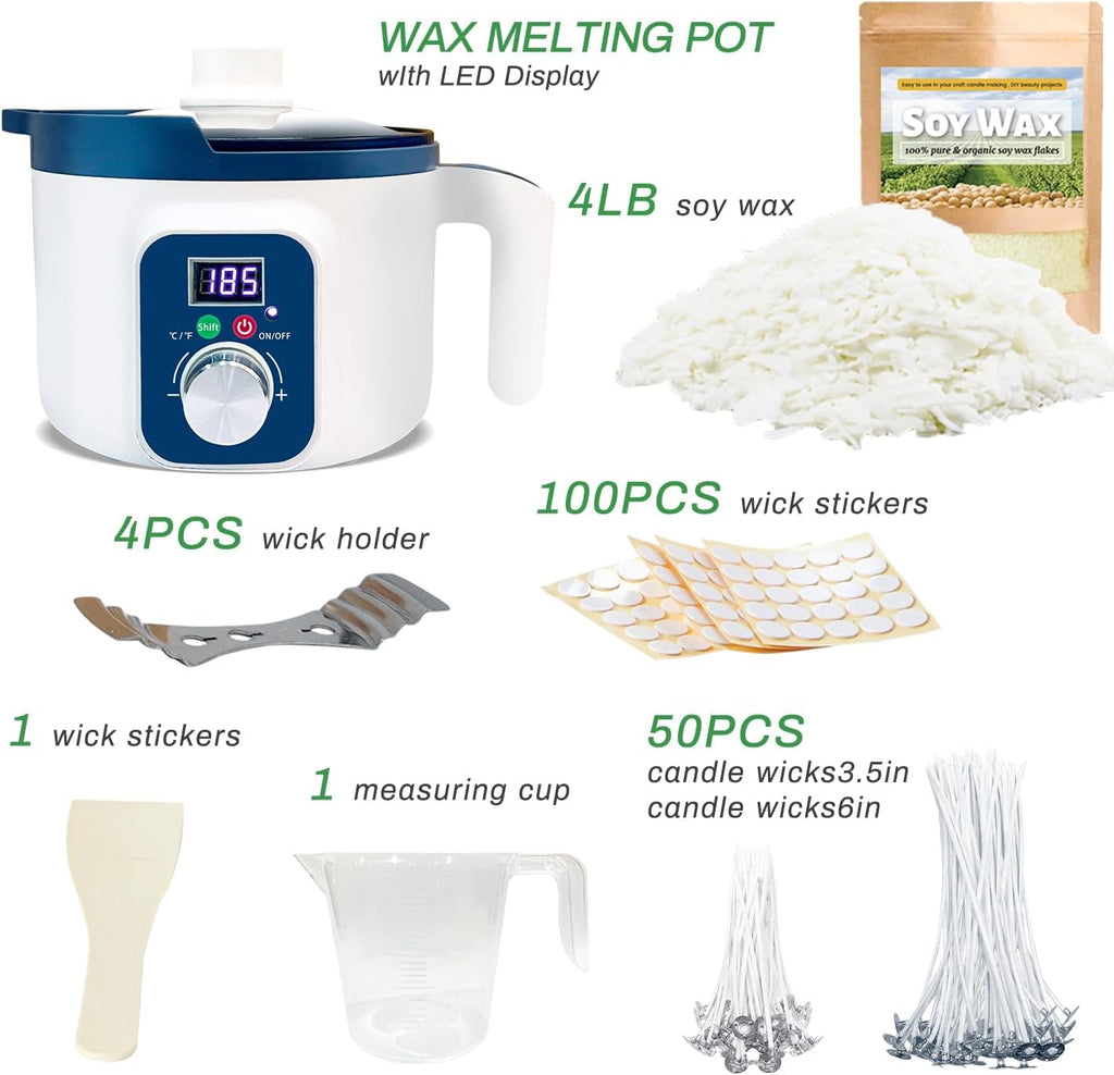 4lb Soy Wax Melt Kit with Digital Wax Melting Pot, | Soy Candle Maker Set with Wax Melter, Wicks, Wick Holders, Wick