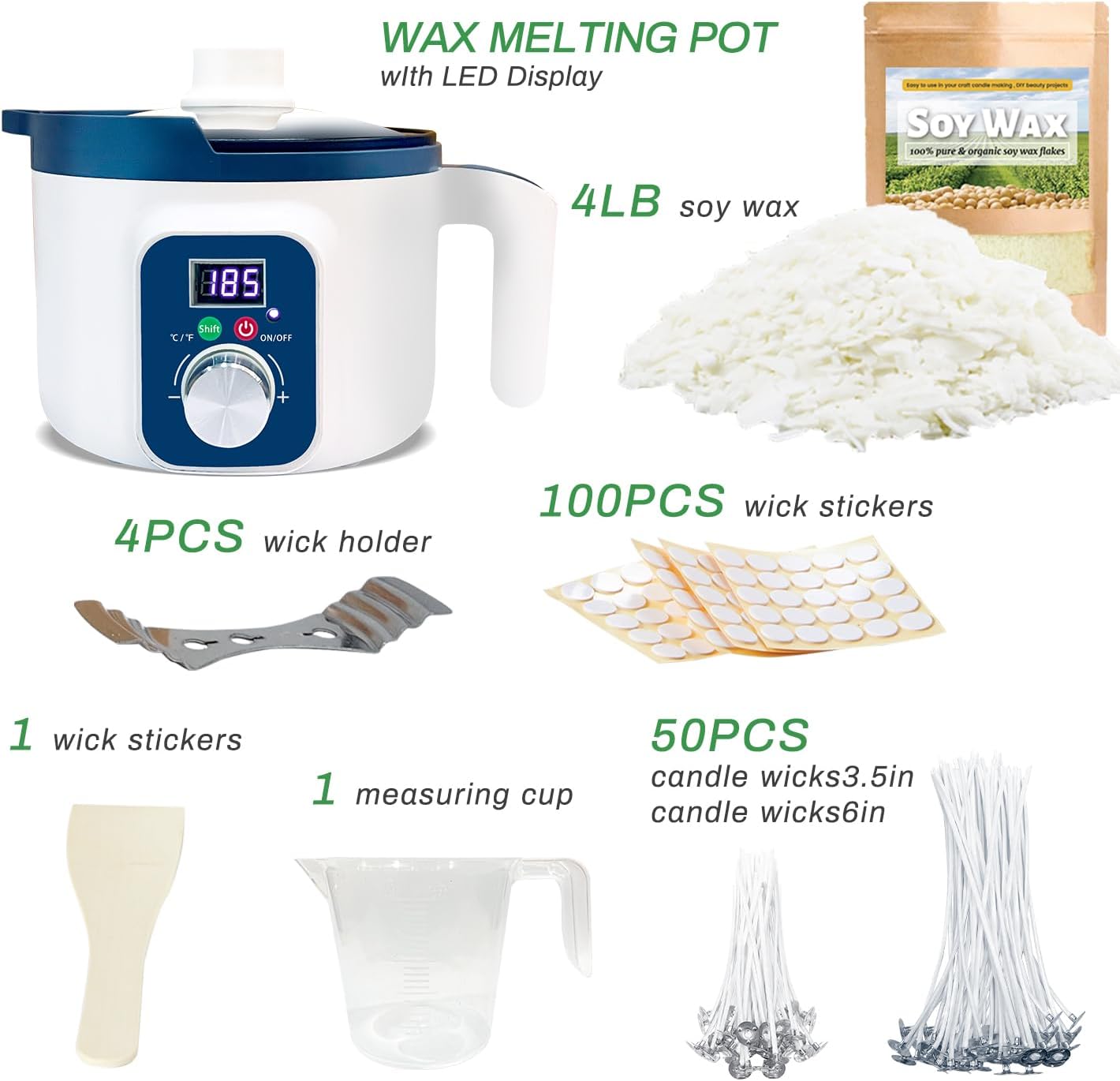 4lb Soy Wax Melt Kit with Digital Wax Melting Pot, | Soy Candle Maker Set with Wax Melter, Wicks, Wick Holders, Wick