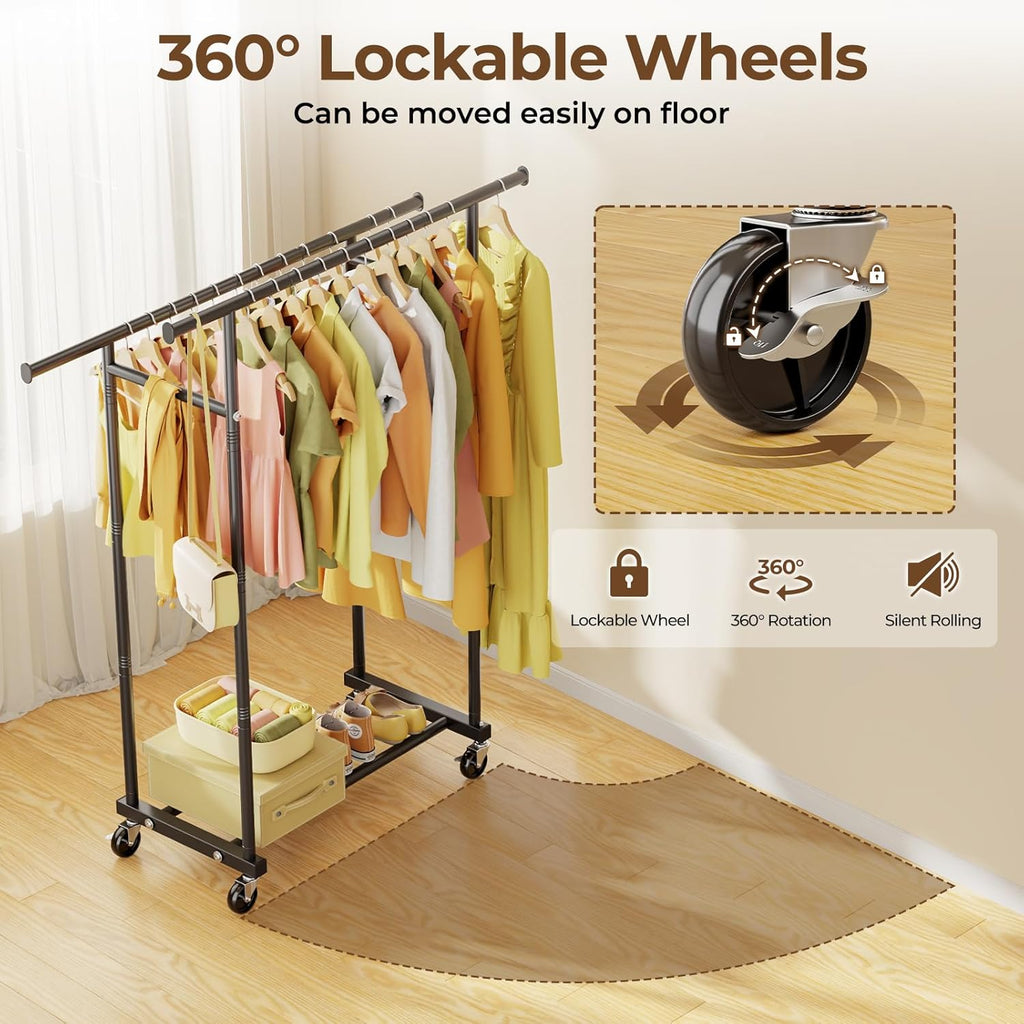Double Rods Clothes Rack, Rolling Clothing Rack for Hanging Clothes Portable Wardrobe Rack, Metal Garment Rack Sturdy
