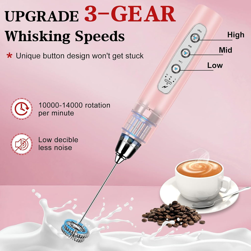 Milk Frother Wand Rechargeable Handheld Whisk Coffee 3 Speed Adjustable | Electric Whisk Drink Mixer with Stainless 3