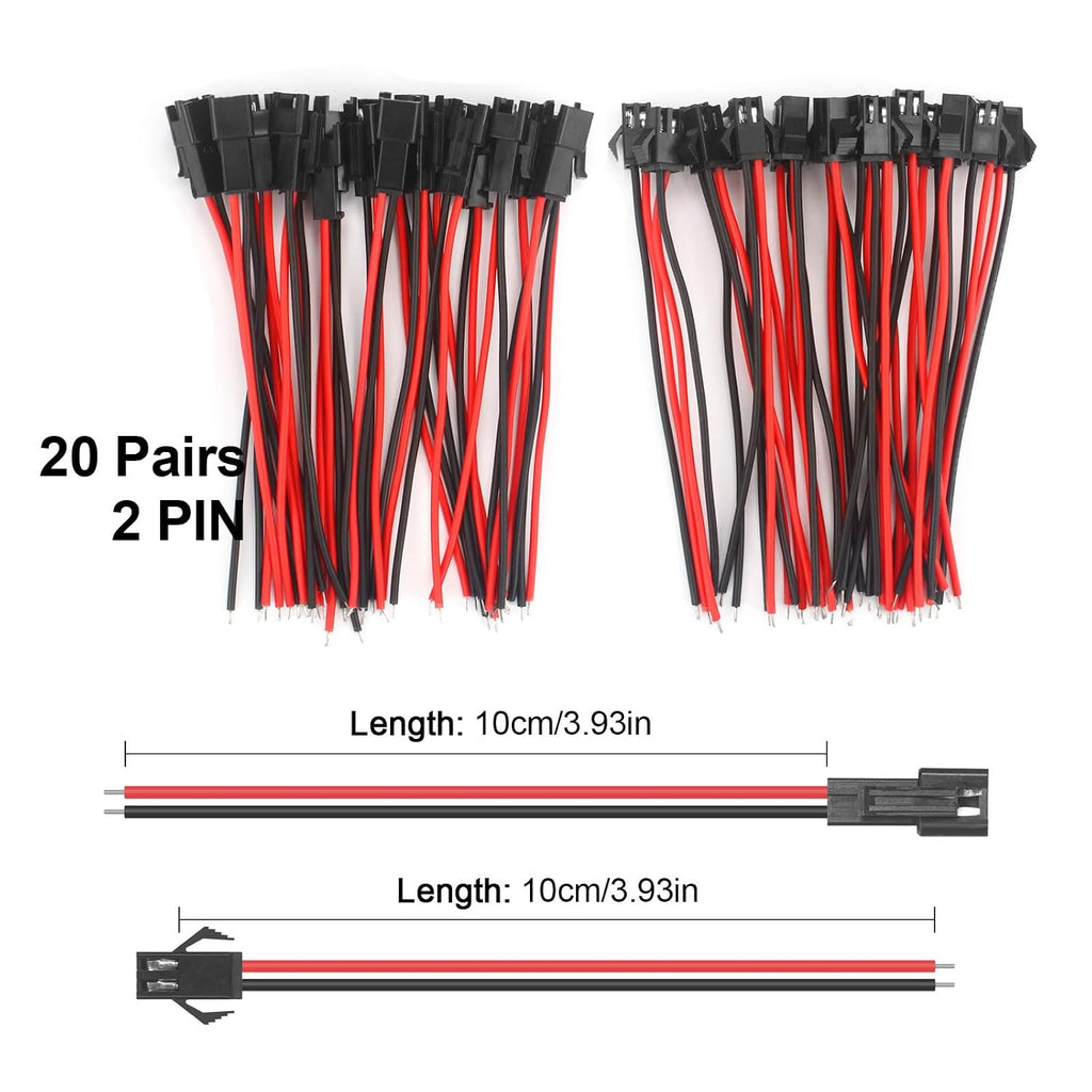 20Pairs JST SM 2Pin Connector with 15cm 22AWG Wire