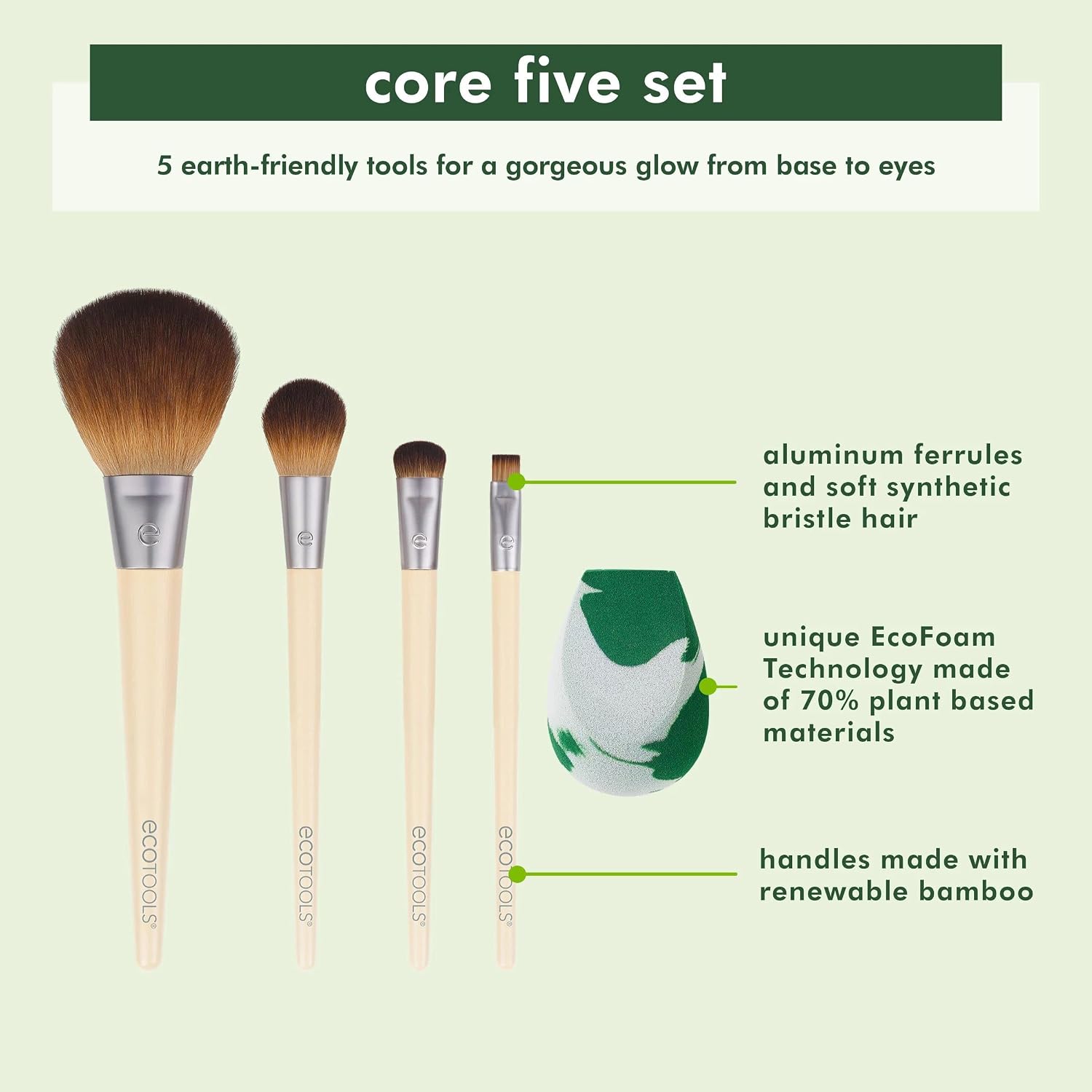 Core Five Makeup Brush and Blending Sponge Kit, 5 Piece Set | Natural makeup made easy with a makeup brush set with