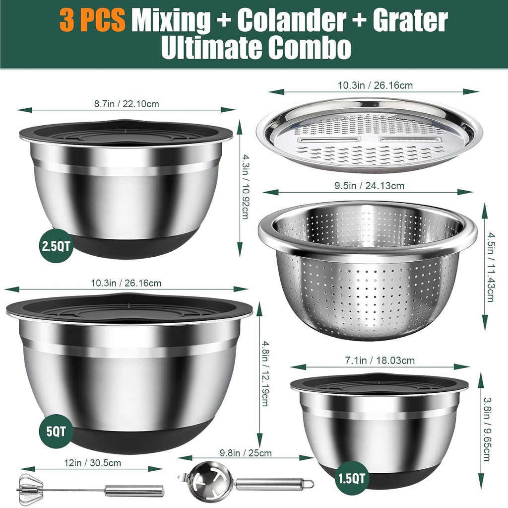 Stainless Steel Mixing Bowls Set with Lids & Silicone Base - 7-Piece Kitchen Gadgets Includes Colander, Grater, Egg