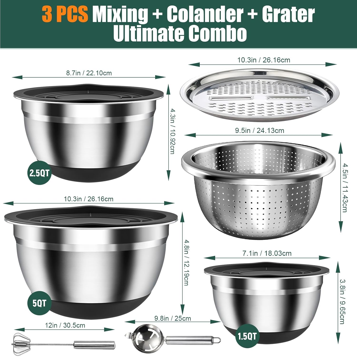Stainless Steel Mixing Bowls Set with Lids & Silicone Base - 7-Piece Kitchen Gadgets Includes Colander, Grater, Egg