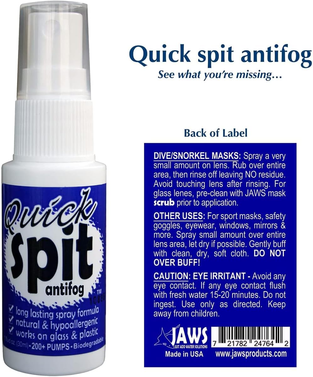 Jaws Quick Spit Anti-Fog Spray for Swim Goggles, Eye Glasses, Snorkel Mask, Scuba Divers, and Safety Eyewear, Made in