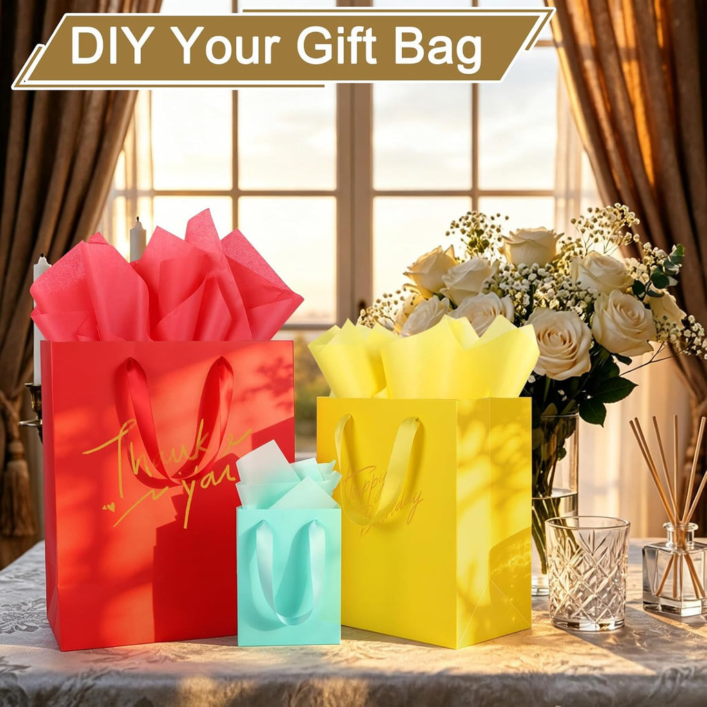 12 Pack Gift Bags with Handles & 24 pc Tissue Paper, Assorted Sizes
