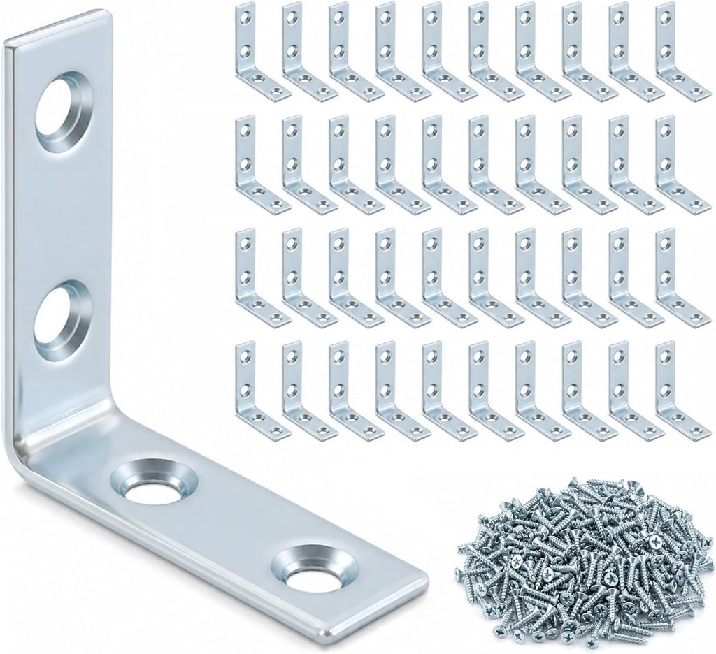 40 Pack L Bracket Corner Braces, 1.5 Inch Zinc Plated Steel Right Angle Brackets for Wood Shelves, Cabinets & Chairs