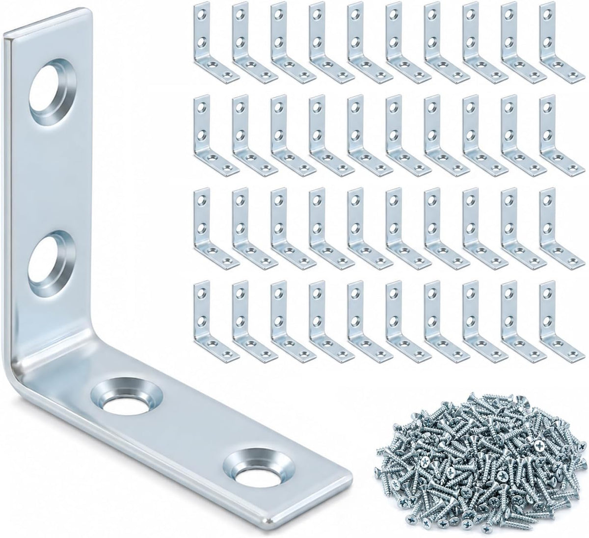 40 Pack L Bracket Corner Braces, 1.5 Inch Zinc Plated Steel Right Angle Brackets for Wood Shelves, Cabinets & Chairs