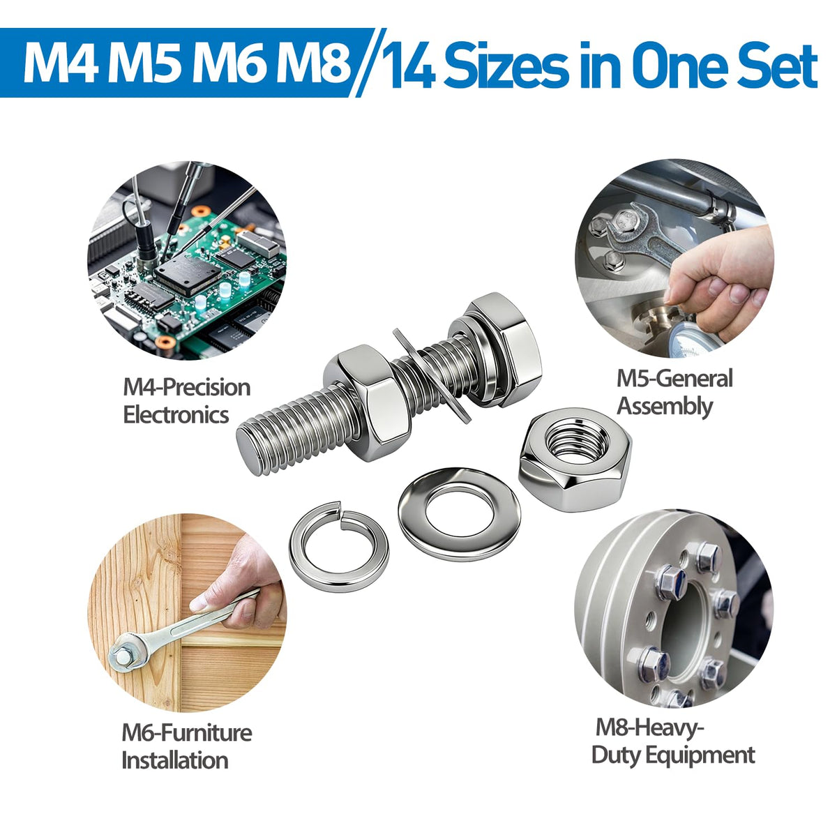 520pcs M4 M5 M6 M8 Hex Bolts and Nuts Assortment Kit, 4 Most Popular Sizes 304 Stainless Steel Assorted Metric Screws, Nuts and Flat & Lock Washers,Length 10-40mm with 4 Screw Driver bits
