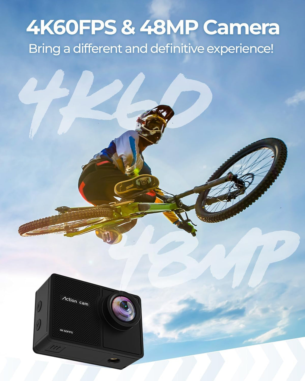 4K60fps Action Camera Waterproof Camera with 64G SD Card 48MP HD WiFi Camera with EIS 40M UnderwaterCamera Wide Angle