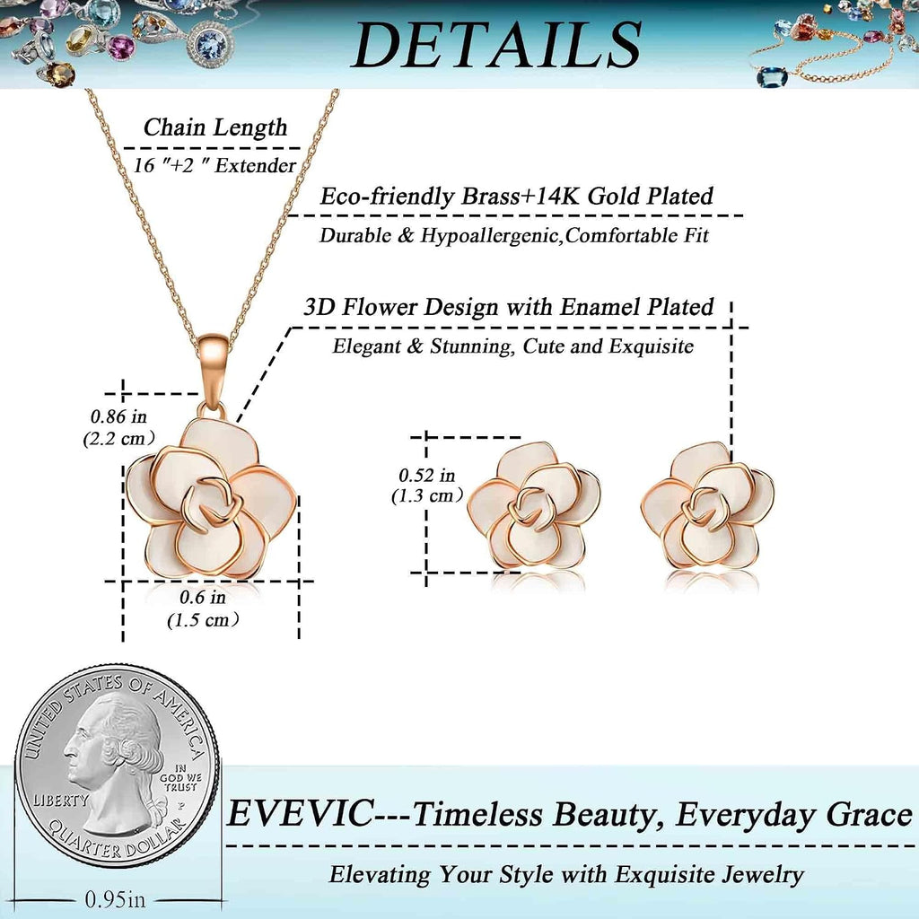 Rose Flower Necklace Earrings Set for Women 18K Gold Plated Hypoallergenic Jewelry Sets