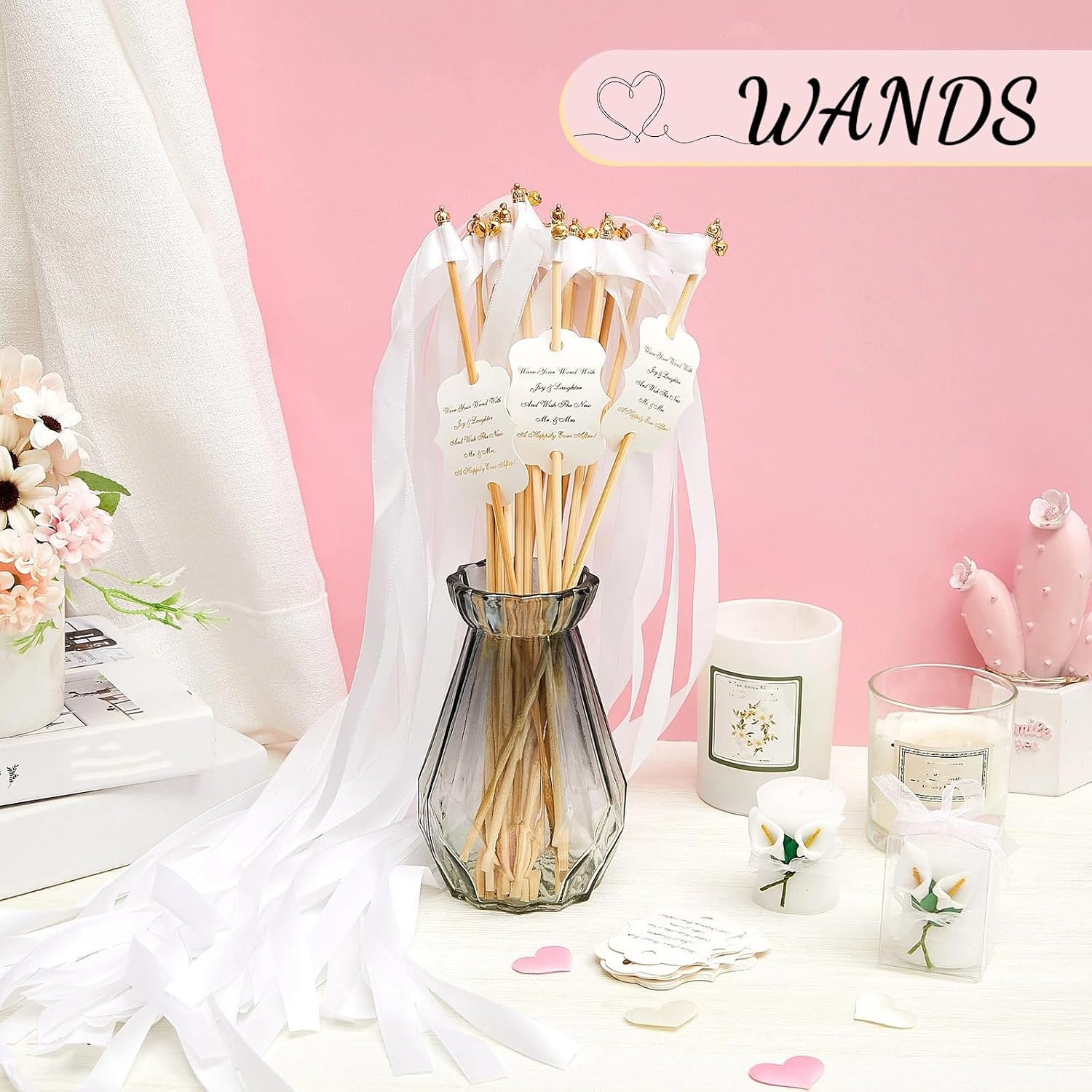 100 Sets Wedding Send Off Wands with Bells Bulk, White