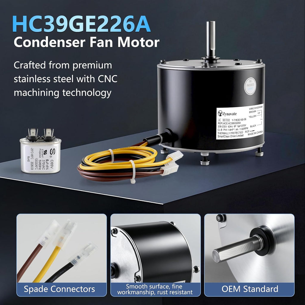 HC39GE226A Condenser Fan Motor 1/4 HP 1100 RPM 208-230V 1.4A AC Fan Motor