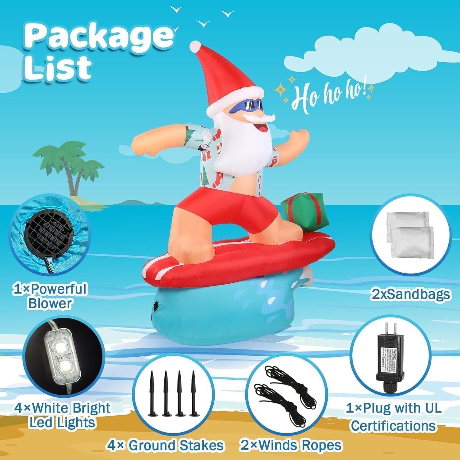 Christmas Inflatable Santa Claus Decorations Outdoor 6.5FT Hawaiian Surfing Giant Large Tall Funny Blow up Xmas Yard