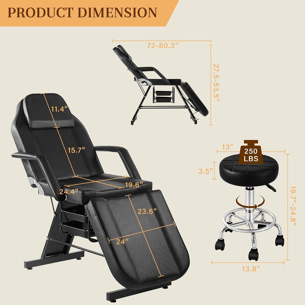 Tattoo Chair for Client, Esthetician Facial Bed with Hydraulic Stool, Lash Massage Table with 2-Tray, Multi-Purpose