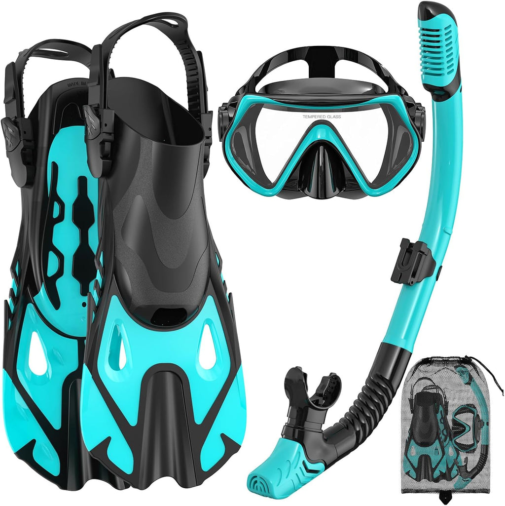 Snorkeling Gear Set for Adults – Dry Top Snorkel Set, Panoramic Anti-Fog Mask, Adjustable Swim Fins – Travel Diving