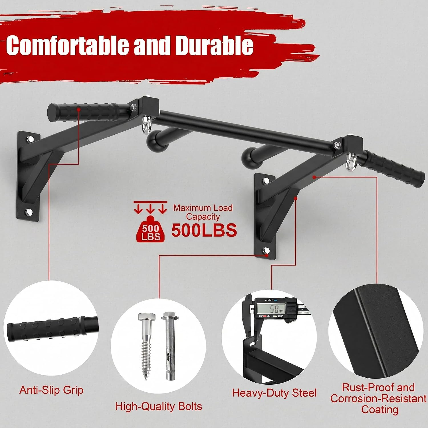 Upgrade Wall Mount Pull Up Bar, Heavy Duty Steel PullUp Bar Fits 24'' Wood Studs, Multi Grip Pull Up Bar with Ball