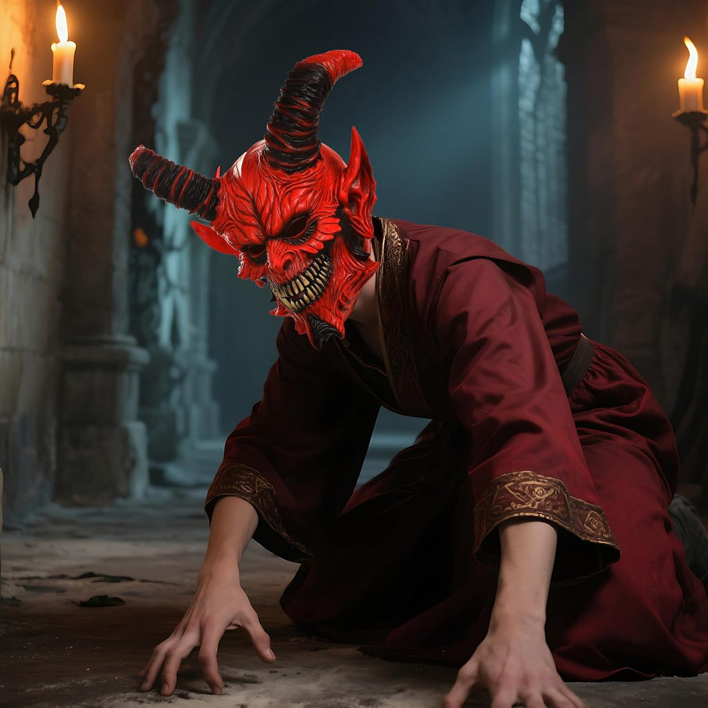 Horror Red Devil Mask Scary Demon Vampire Mask Full Head Ram Horn Latex Headgear Halloween Cosplay Props for Adults