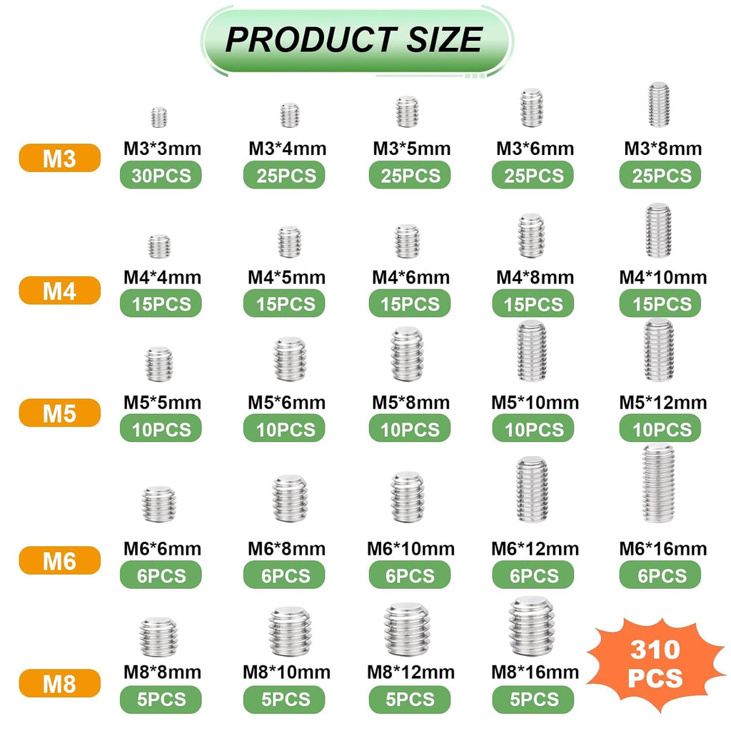 310 Pcs Set Screw Assortment Kit 24 Size 304 Stainless Steel Metric