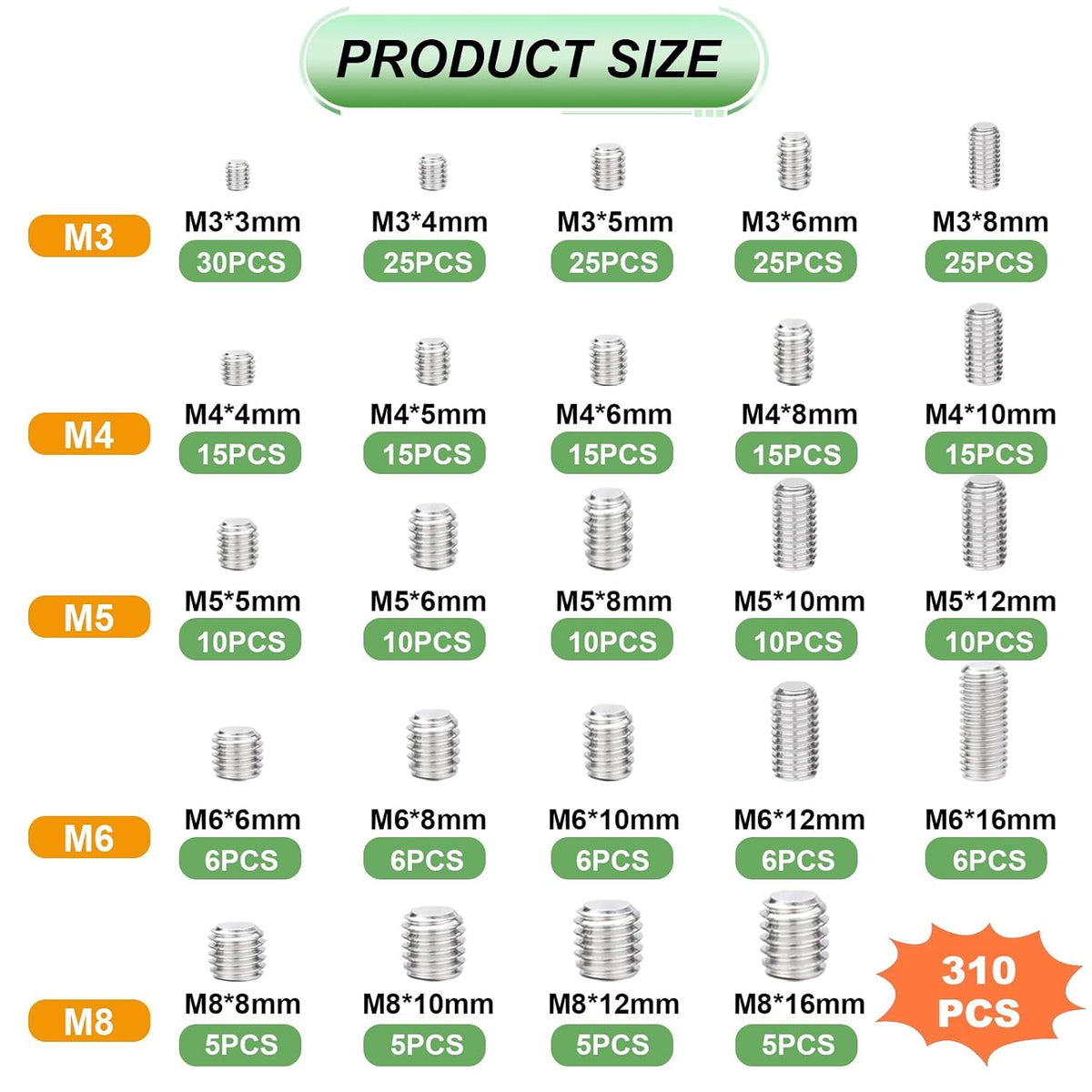 310 Pcs Set Screw Assortment Kit 24 Size 304 Stainless Steel Metric