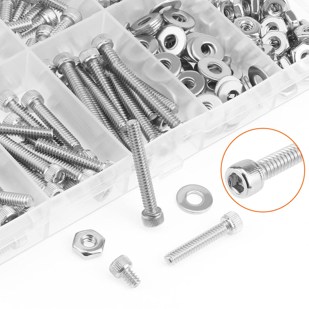 HELIFOUNER 250 Pieces #6-32 x 3/16" 1/4" 5/16" 3/8" 1/2" 5/8" 3/4" 1", Hex Socket Head Cap Screws Bolts Washers Nuts Kit, Coarse Thread, Fully Machine Threaded, 304 Stainless Steel