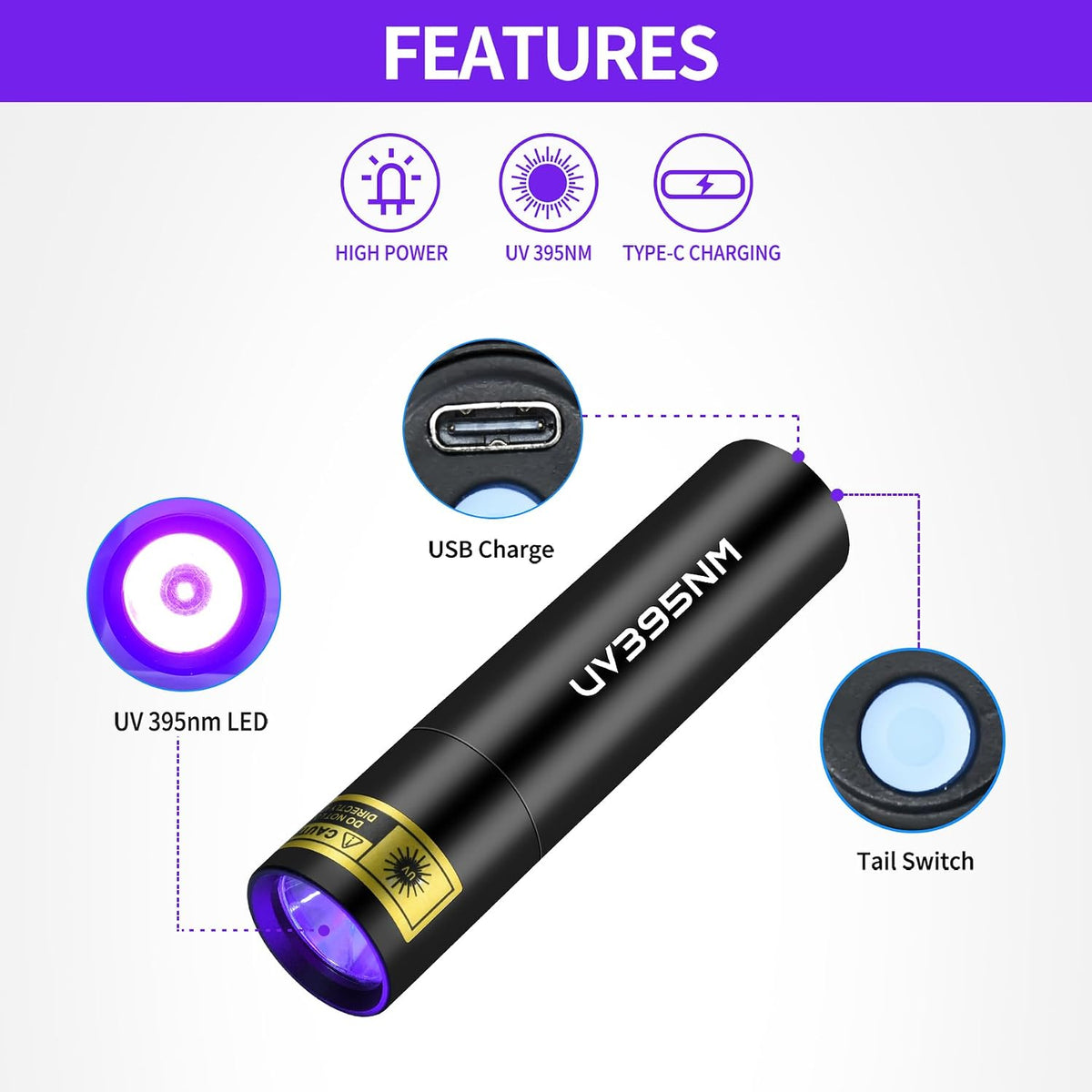 UV Flashlight Black Lights Wood’s Lamp Powerful Mini Portable, LED 395nm USB Rechargeable Ultraviolet Blacklight
