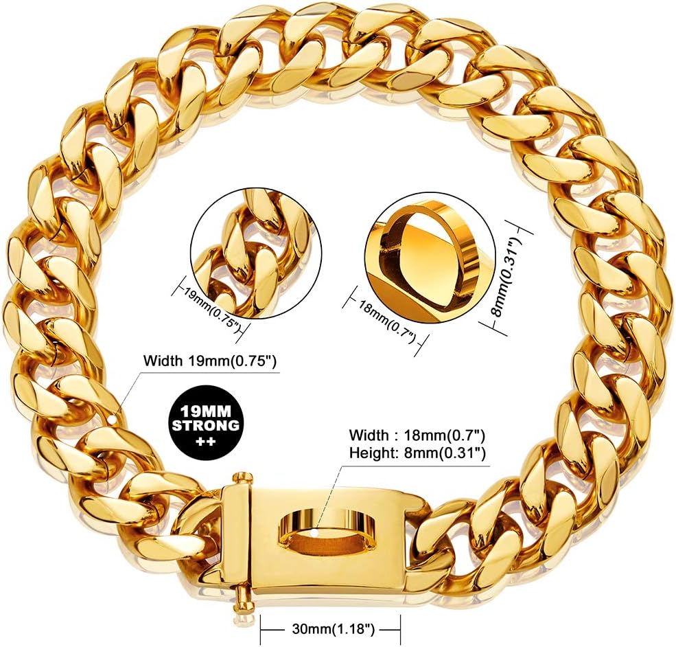 Gold Dog Chain Collar Walking Metal Chain Collar with Design Secure Buckle,18K Cuban Link Strong Heavy Duty Chew