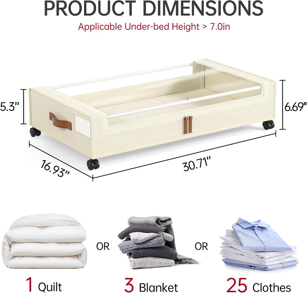 Under Bed Storage with Wheels, 2 Pack Under Bed Storage Containers, 60L Underbed Shoe Storage with Clear Window &