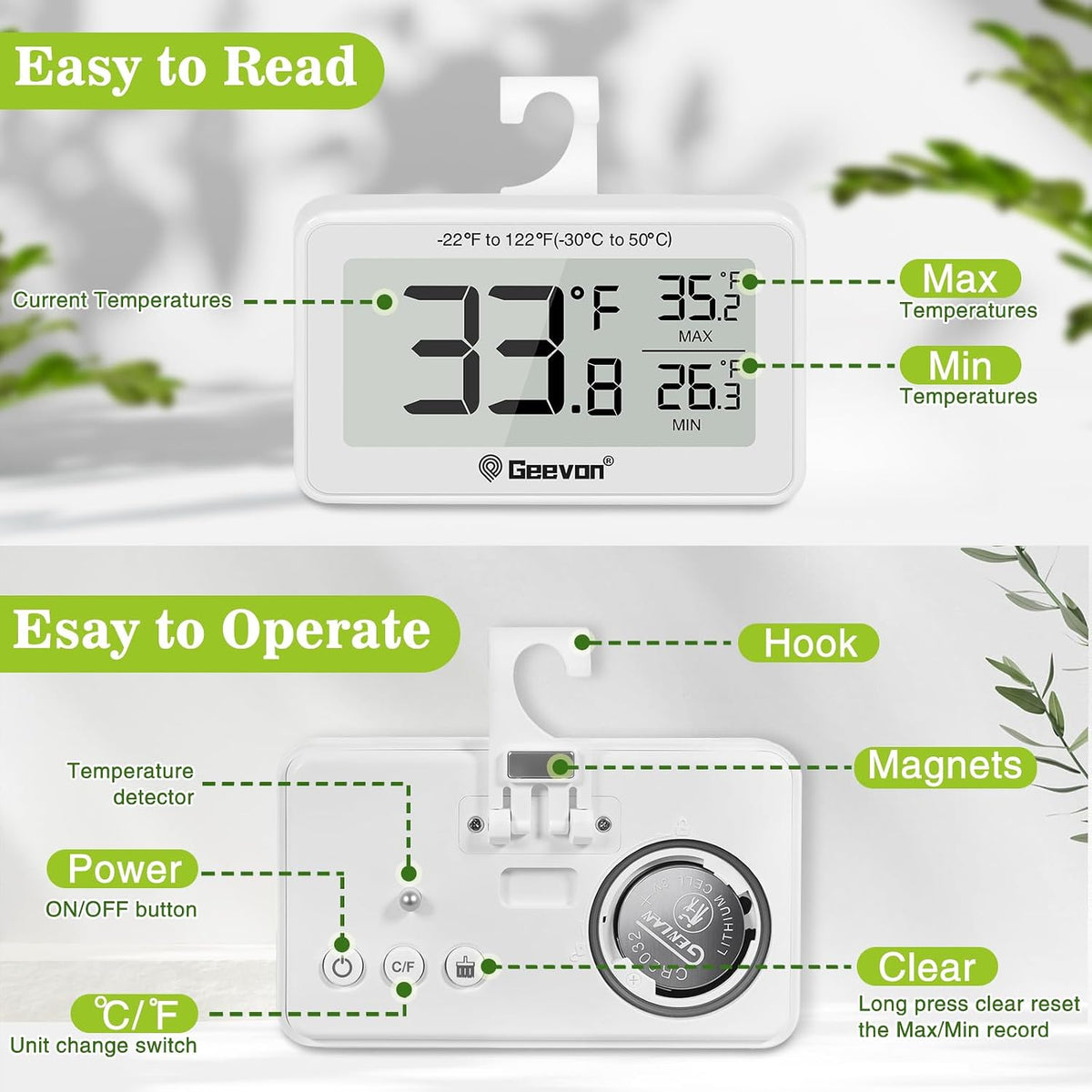 2 Pack Refrigerator Thermometer Digital Fridge Thermometer IP65 Waterproof with Large LCD Display,Max/Min Record