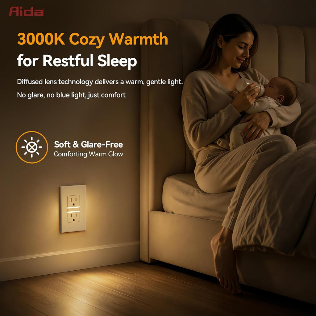 Self-Grounding Tamper-Resistant Wall Outlet with 3000K LED Night Light and Weatherproof Cover, White, 1 Pack