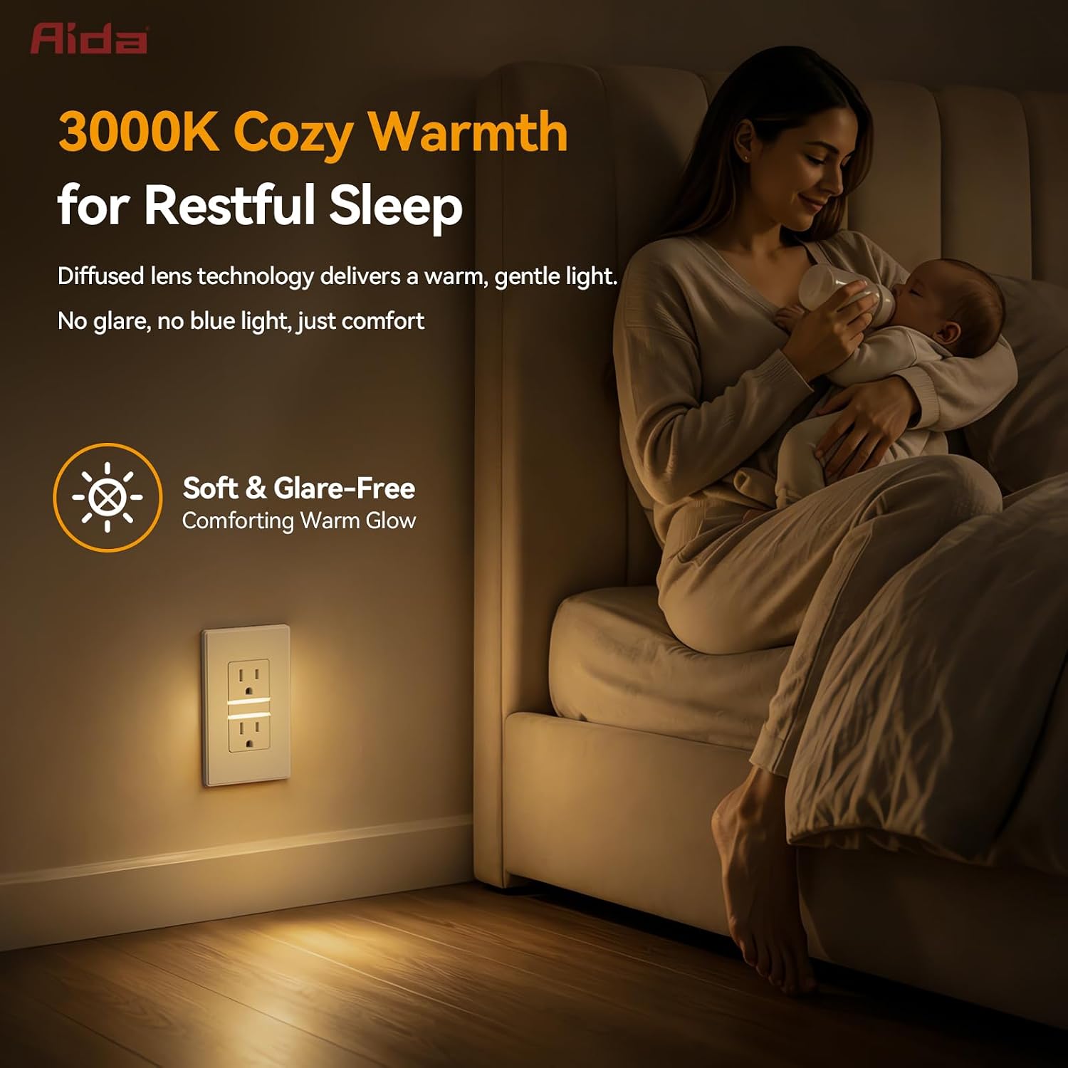 Self-Grounding Tamper-Resistant Wall Outlet with 3000K LED Night Light and Weatherproof Cover, White, 1 Pack