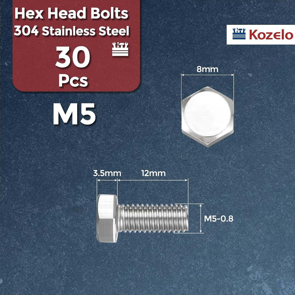 30Pcs Hex Head Screw Bolt-M5-0.8x12 304SS Grade A2-70 Fully Threaded