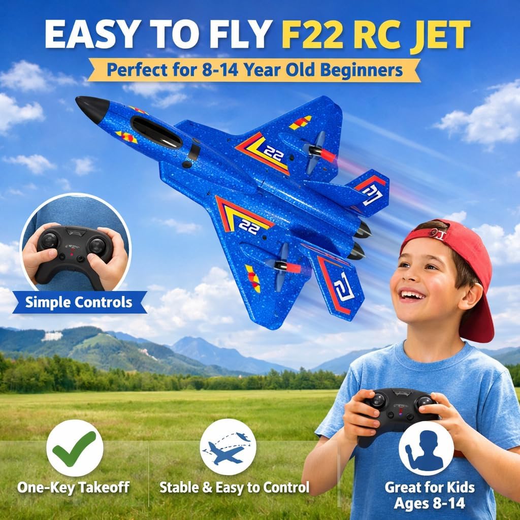 F-22 RC Airplane, 2.4GHz Easy to Fly Foam RC Plane, 2 CH RTF, Blue | Smart Gyro Stabilizer, LED Lights, 3