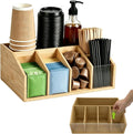 Bamboo Coffee Station Organizer for Countertop 6 Compartment Adjustable
