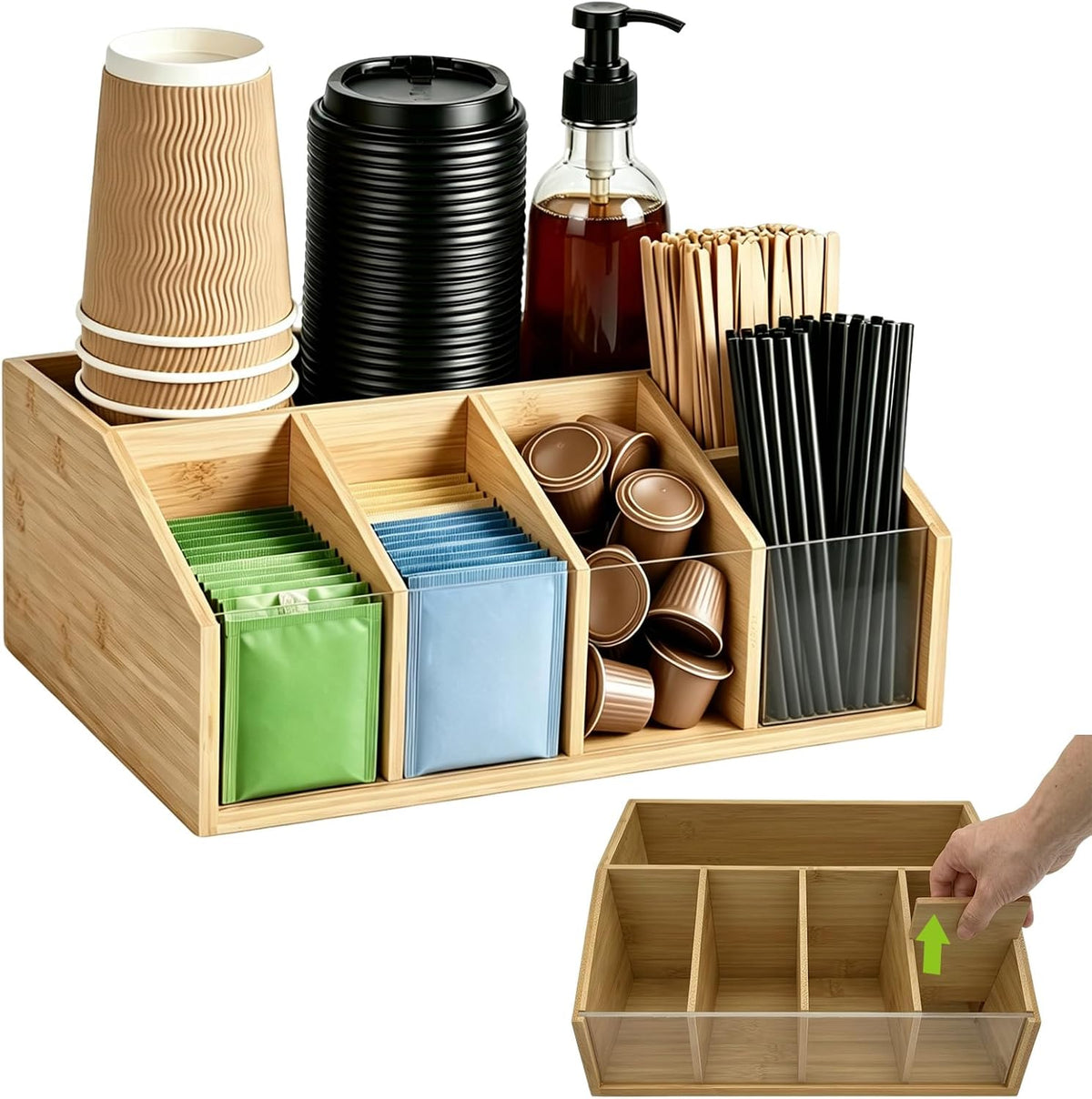 Bamboo Coffee Station Organizer for Countertop 6 Compartment Adjustable