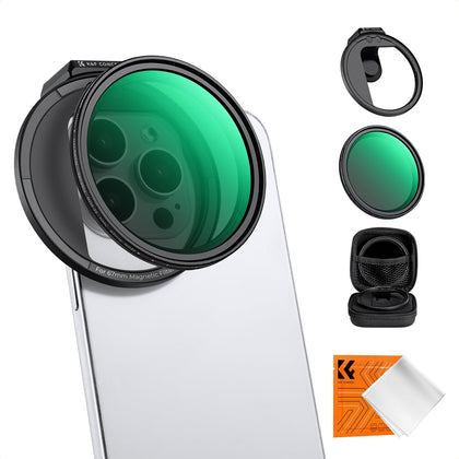 Clip On 67mm Variable ND2-32 Magnetic Phone Lens Filter Kit | Magnetic Adapter Ring/Cold Shoe/Locking Knob, Neutral