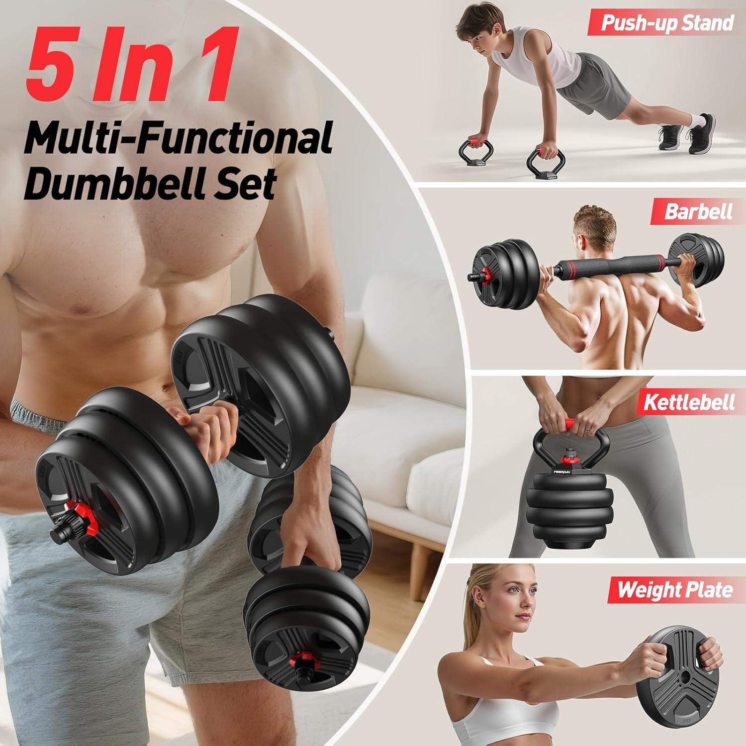 Adjustable dumbbell set,20/35/45/55/70/90lbs Free Weights set with upgraded nut, 5 in 1 Weight Set Used as