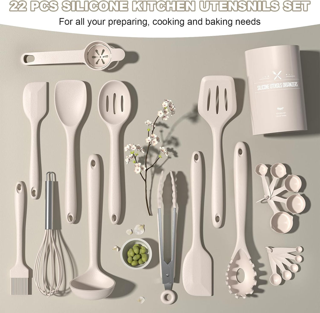 22-Piece Silicone Cooking Utensils Set，Heat Resistant & Dishwasher Safe Kitchen Tools, Black Non-Scratch Spatula Set