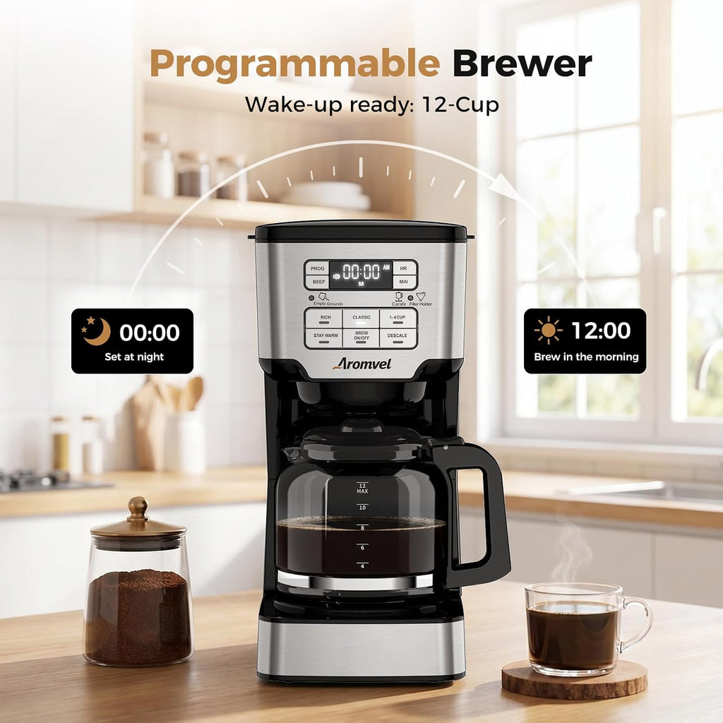 12-Cup Drip Coffee Maker Programmable, Adjustable Brew Strength | 24-Hour Delay Brew & 4-Hour Keep Warm, 1-4