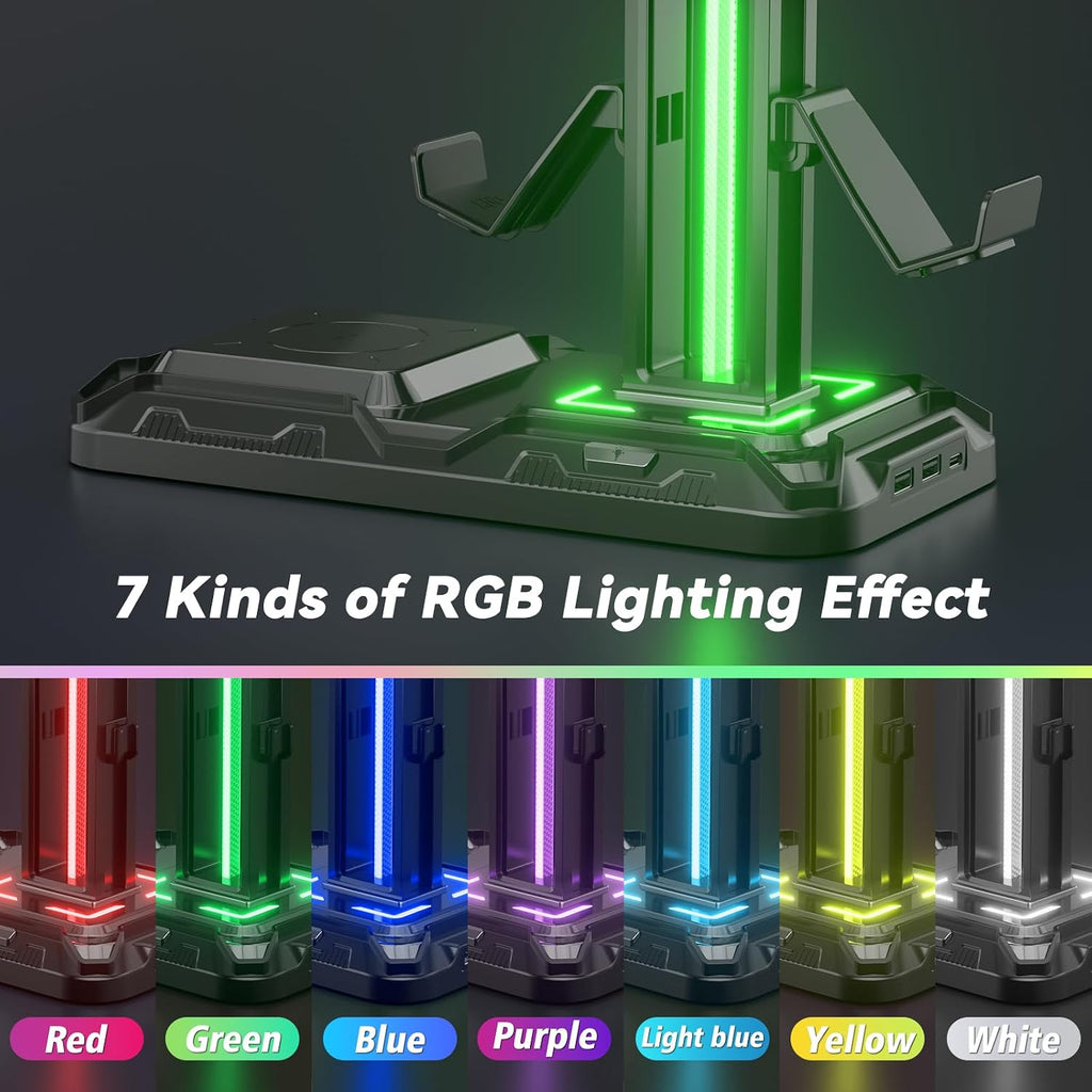 Headphone & Controller Stand with Wireless Charging - Rotatable Headset Stand with 9 Light Modes - Controller Holder