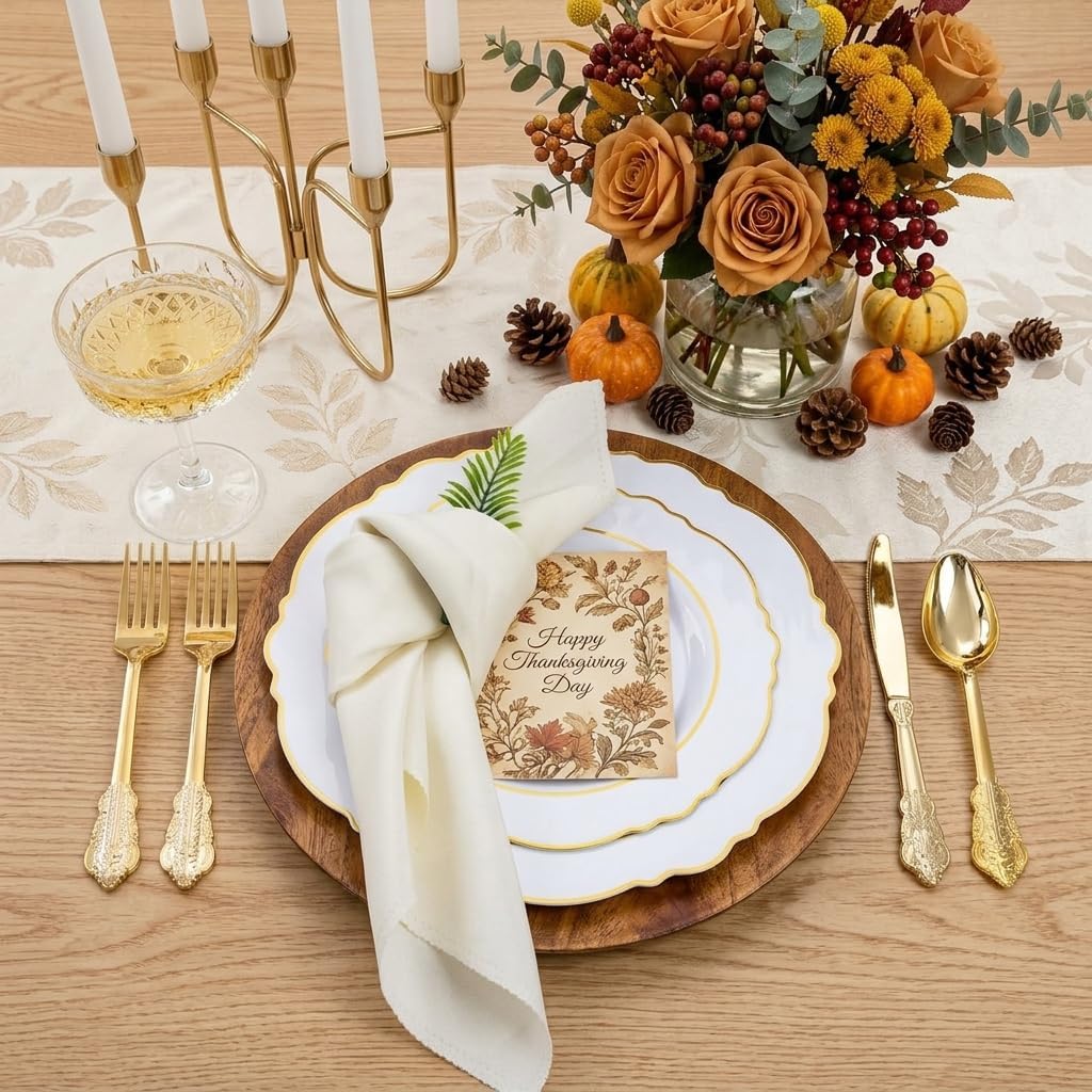 350PCS Gold Plastic Plates-Disposable White and Gold Plates Baroque Plastic Dinnerware include 100Plates, 50Pack Pre