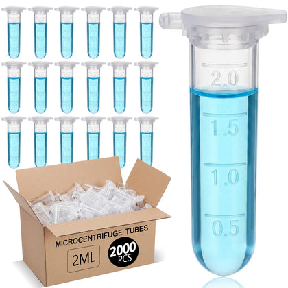 2000 Pcs 2ml Microcentrifuge Tubes with Safe Lock Snap Cap & Flip Lid Polypropylene Clear Plastic Tube with