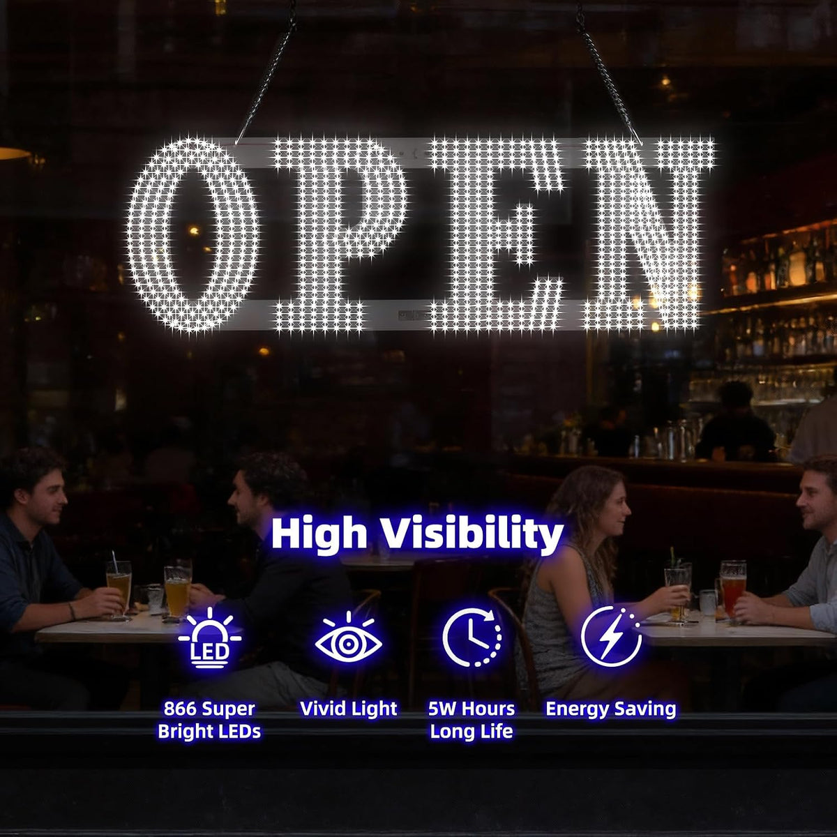 30"x10" Large LED Open Sign for Business - Unique Design super Bright Open Signs With chain - High Visibility for