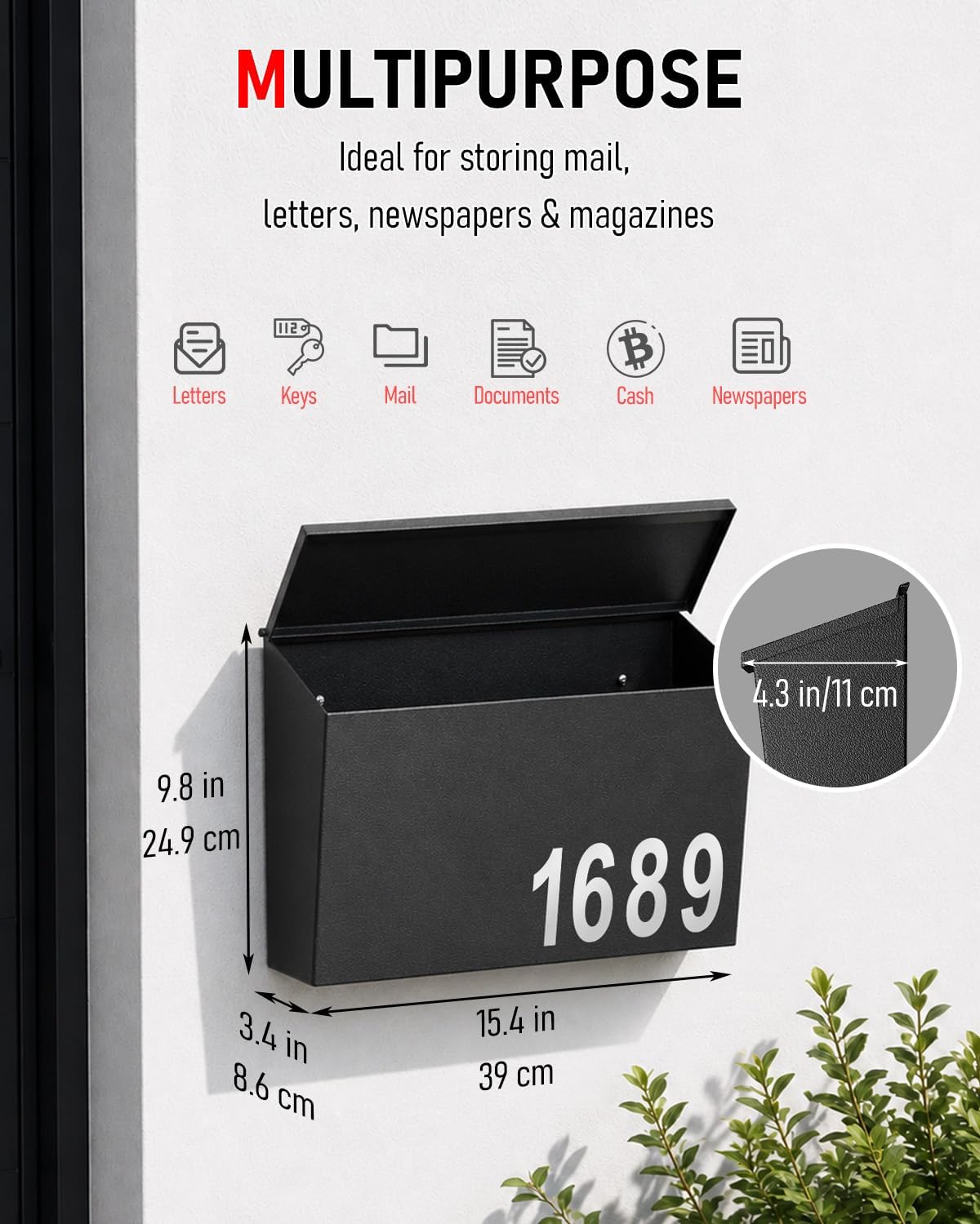 Mailboxes for Outside, Wall Mount Mailbox | Custom Number Stickers, Large Metal Mail Box for House, Modern Post Box