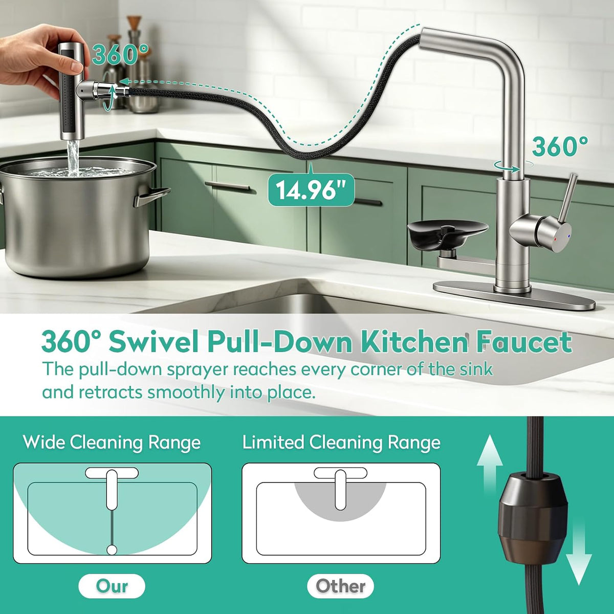 Waterfall Kitchen Faucets with Glass Rinser &Sprayer Brushed Nickel