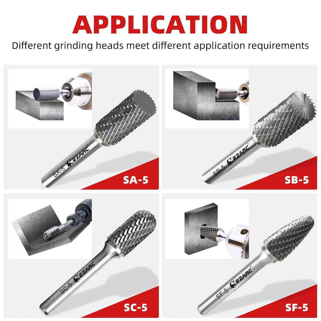 EZARC Tungsten Carbide Rotary Burr Set, 5PCS SF-5 Double Cut, 1/4" Shank