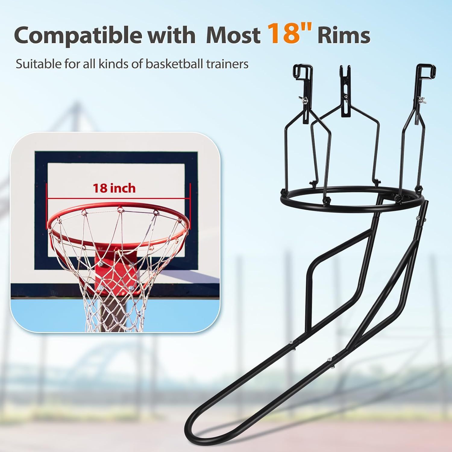 Basketball Return Attachment, Heavy Duty Basketball Rebounder with 3 Stable Large Hooks, Durable Basketball
