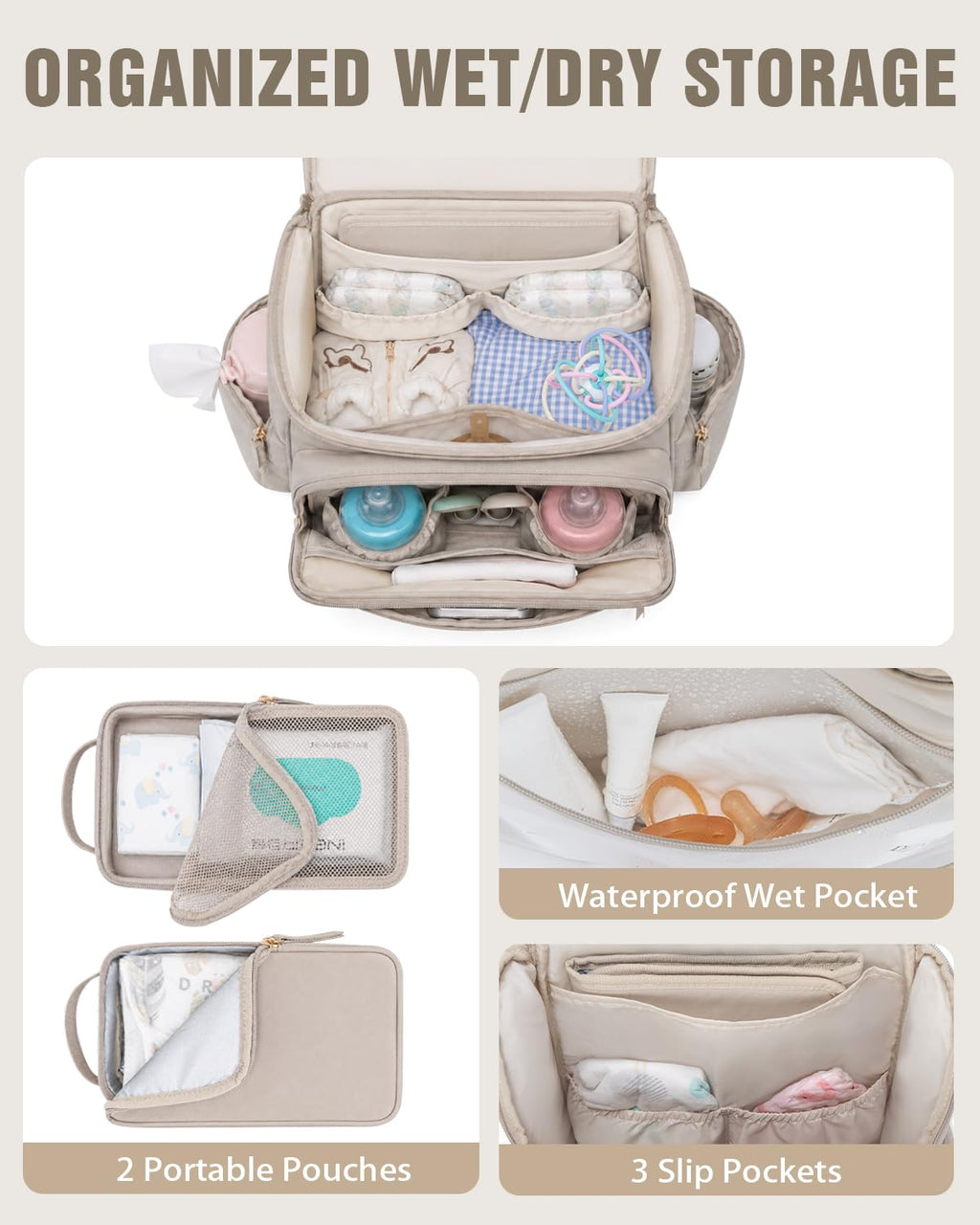 Diaper Bag Backpack with Changing Pad and Insulated Pockets, Camel
